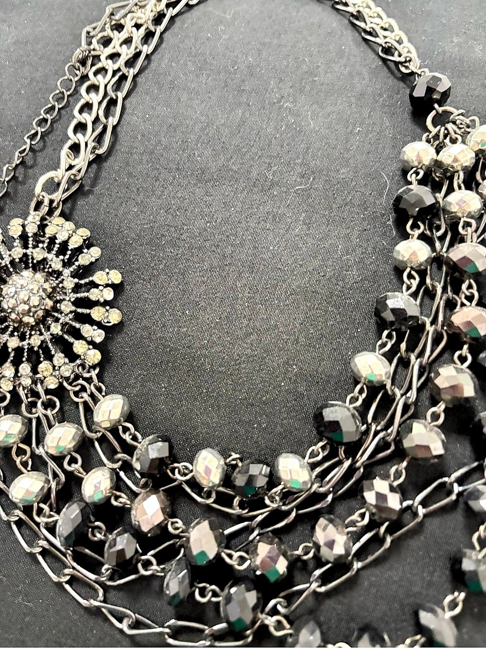 Layered Beaded Statement Necklace in Black & Silver Like New